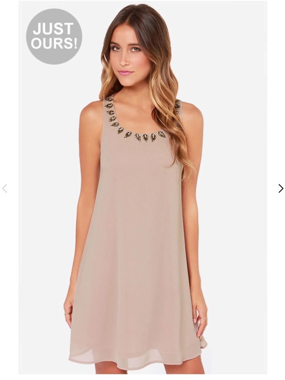 LULUS Bead Me Up Breezy Lightweight Embellished Taupe Trapeze Dress Size Small